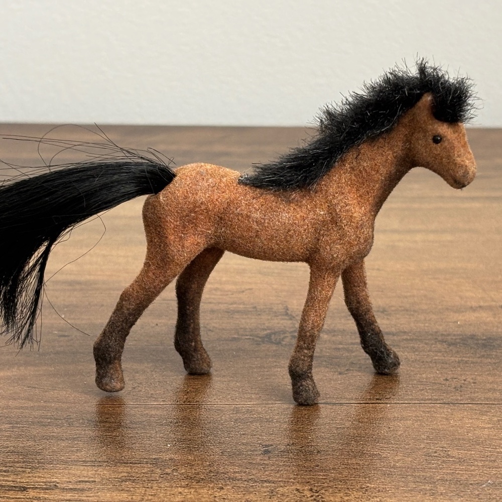 VINTAGE Miniature Toy FLOCKED HORSE Mini Fuzzy Pony Brown 3” Figure Collectible